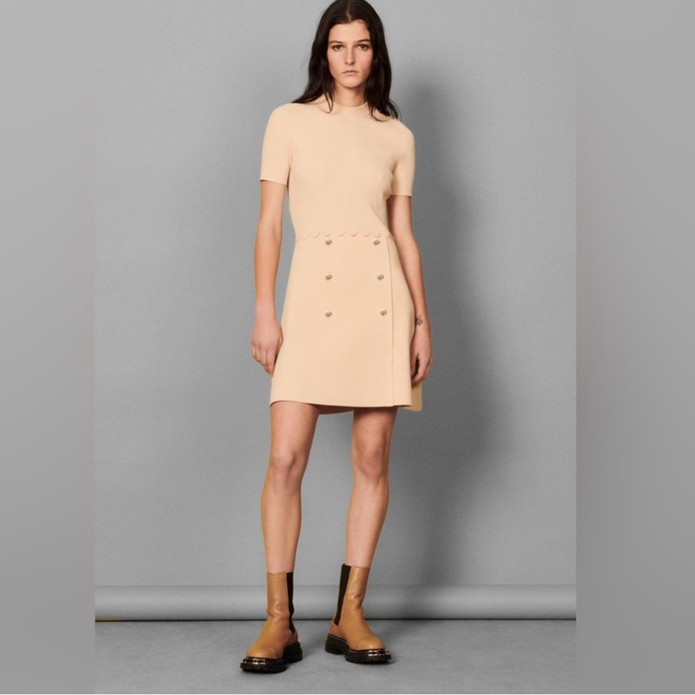 Sandro Knit Dress Cream with gold buttons